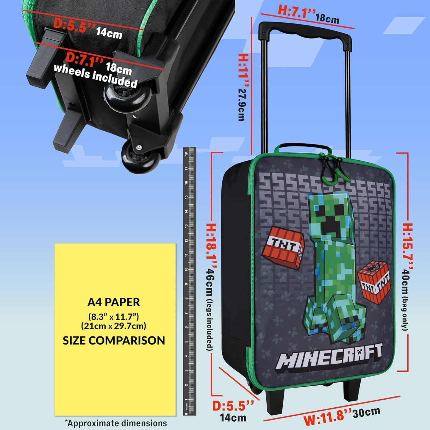 Minecraft - Maleta plegable con ruedas para niños, bolsa de viaje p...