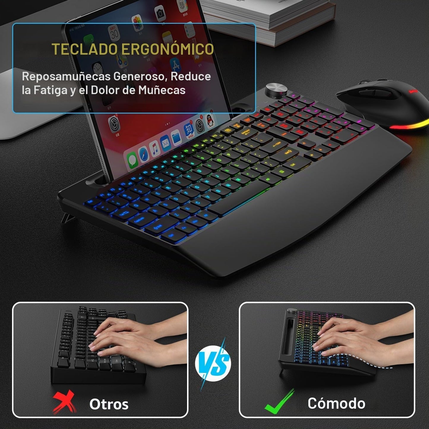 BlueFinger Combo de teclado y mouse inalámbricos retroiluminados, t...