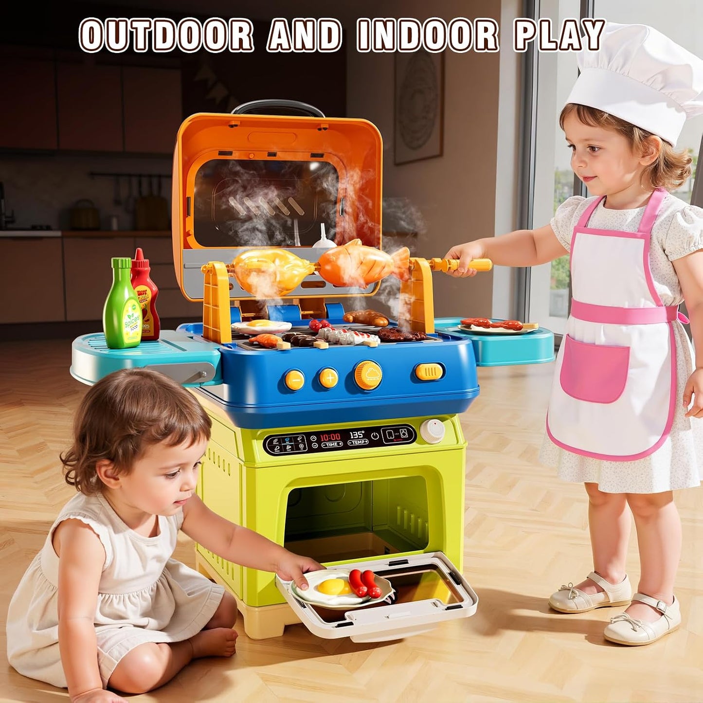 KIZONLY Juego de barbacoa para niños, juego de cocina de 2 capas co...