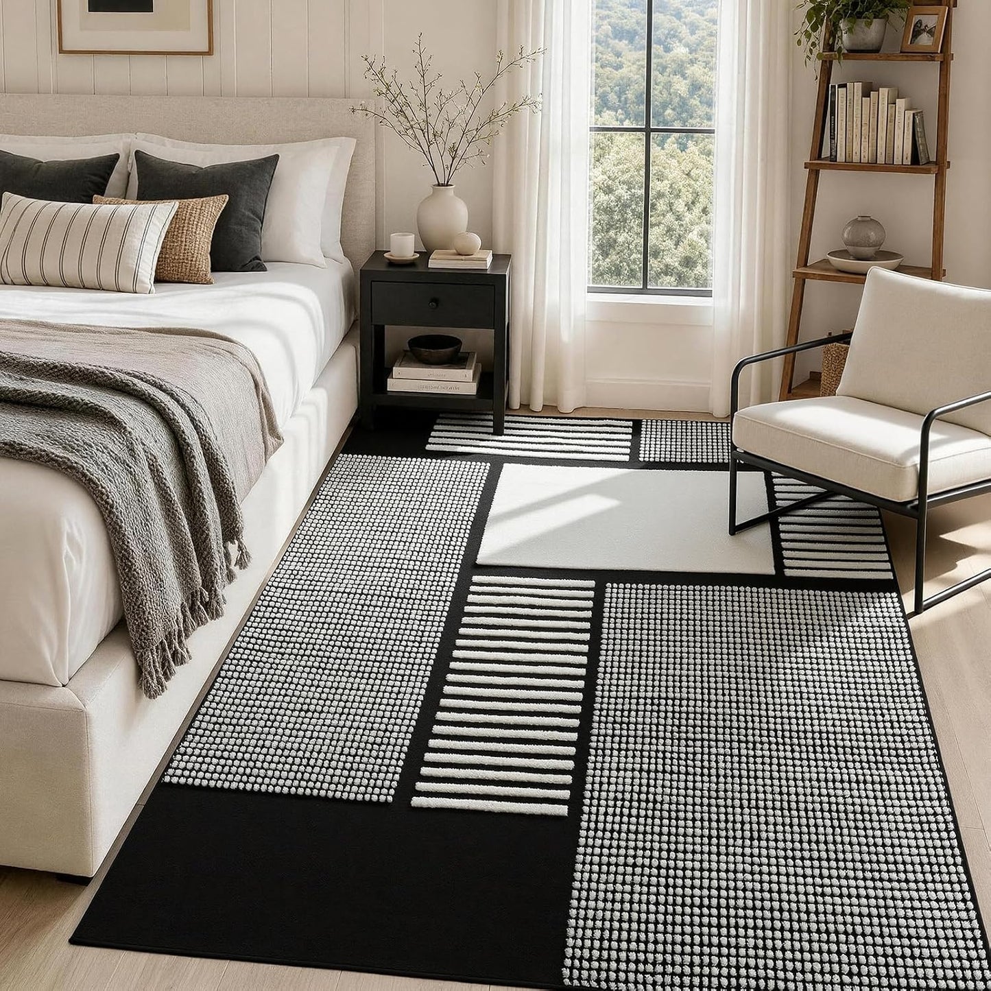 YIHOUSE Alfombra de área blanca y negra de 5 x 7, alfombra lavable...