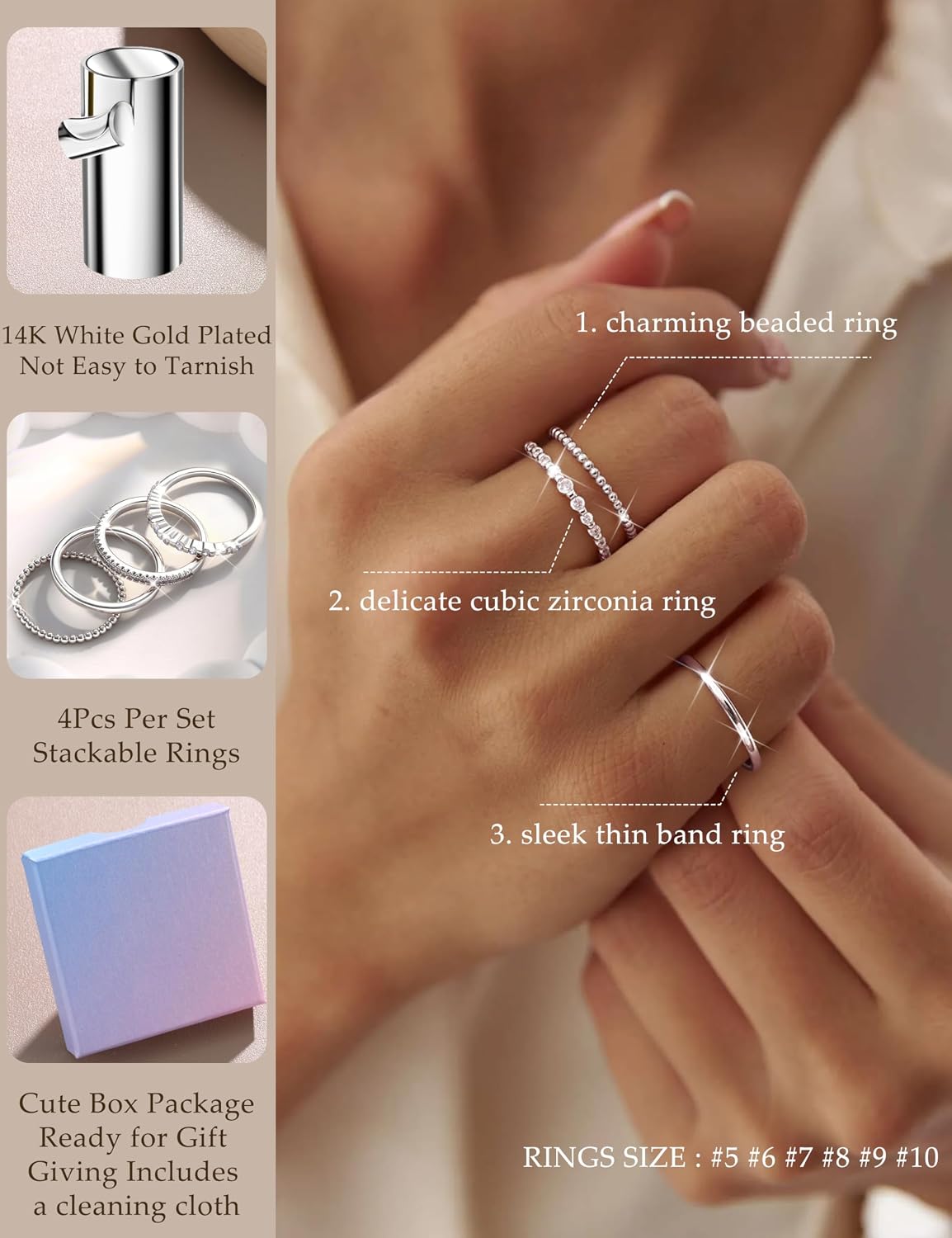 Florideco Anillos apilables chapados en oro de 14K para mujer sin d...