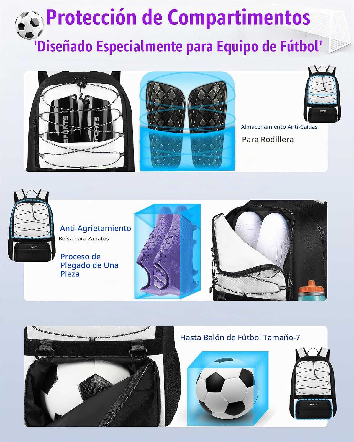 LOINTET Bolsa de fútbol juvenil, mochila de fútbol con compartiment...