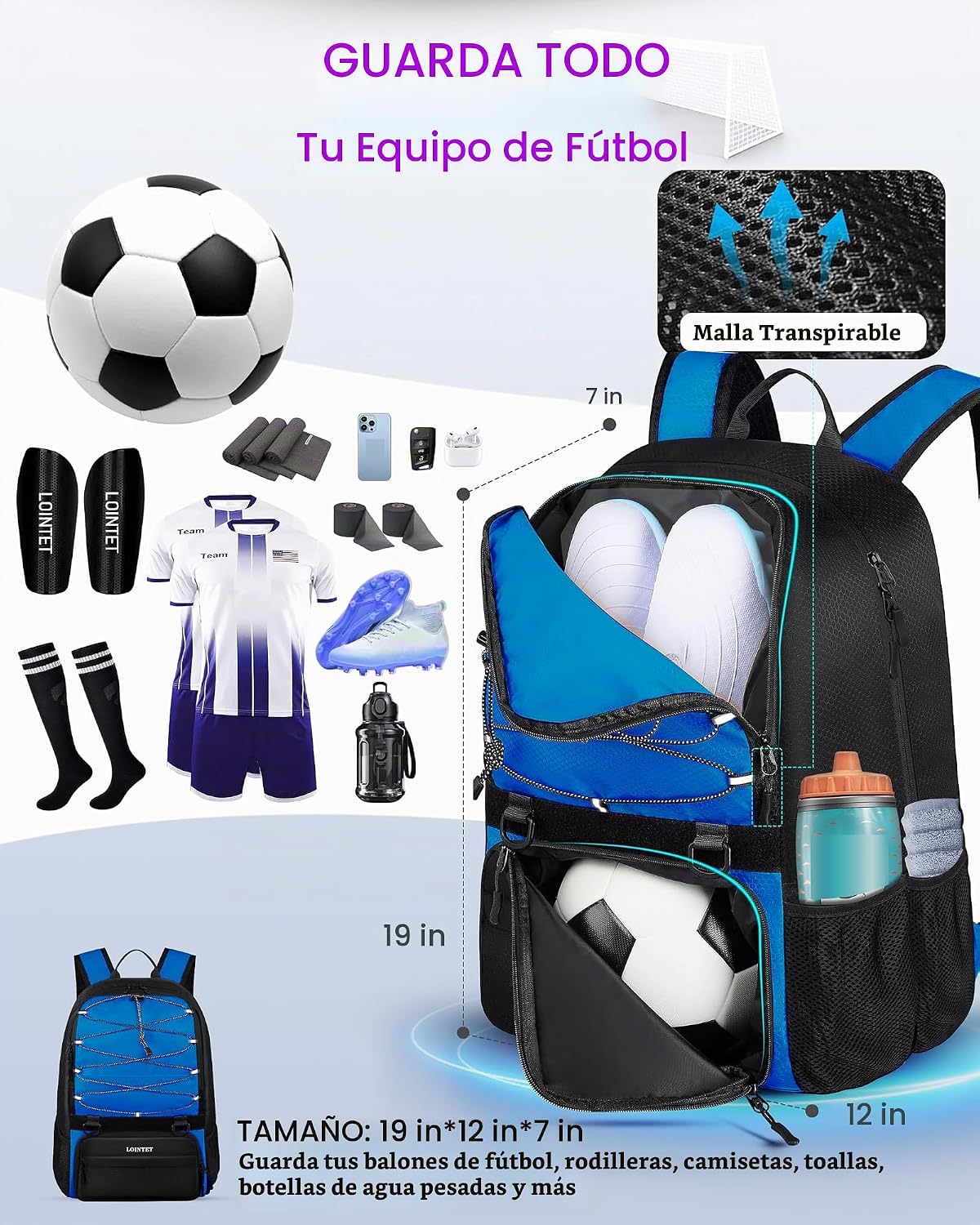 LOINTET Bolsa de fútbol juvenil, mochila de fútbol con compartiment...