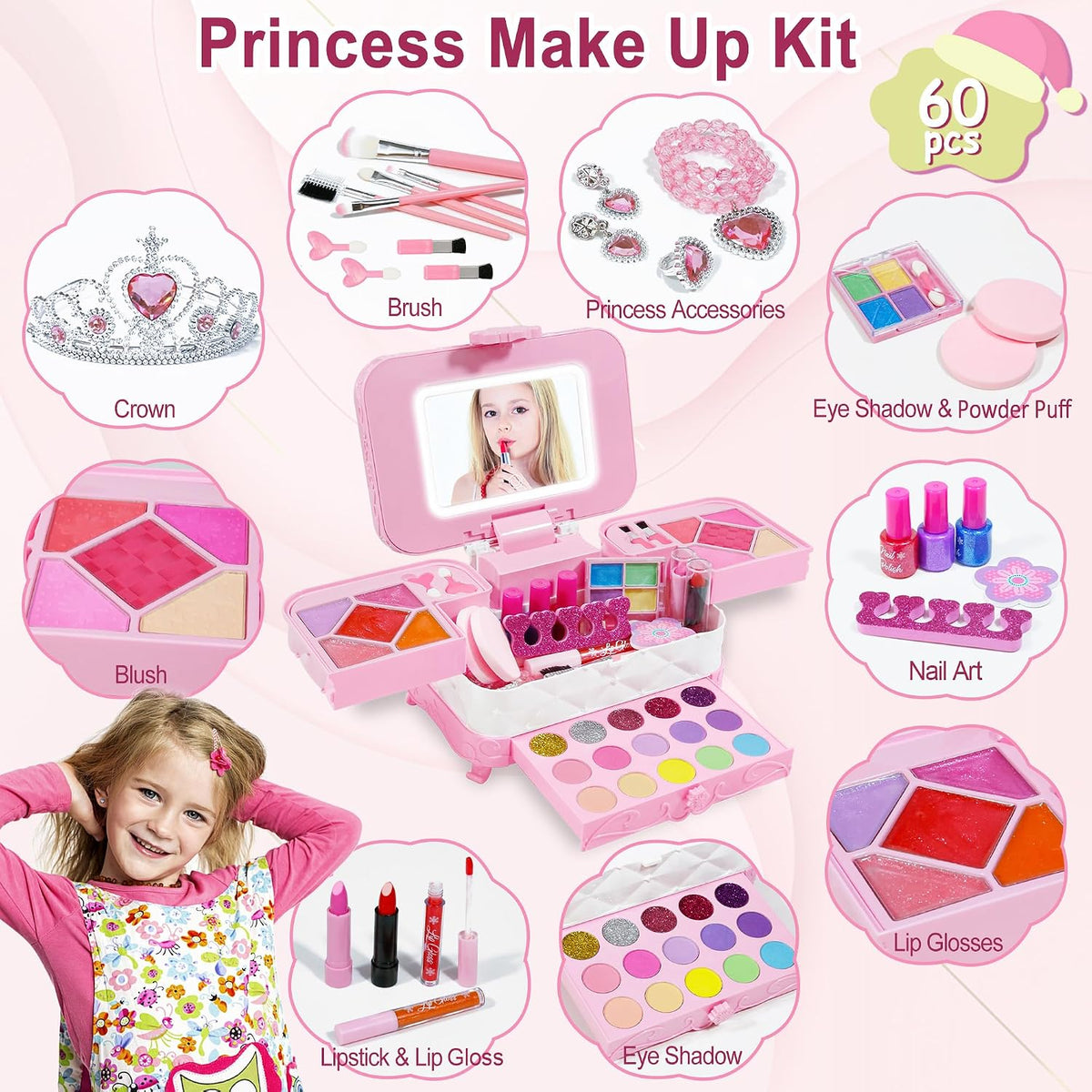 YasinKidz Kit de maquillaje 60 en 1 para niños, con espejo de maqui...