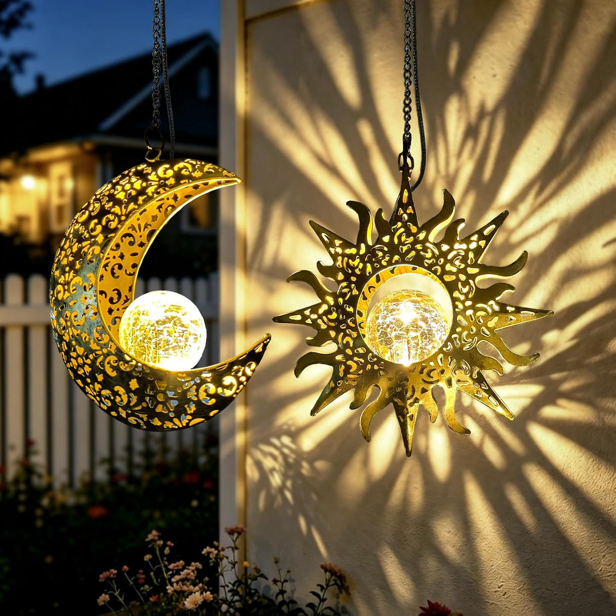 QCF Juego de luces solares colgantes de sol y luna para exteriores,...