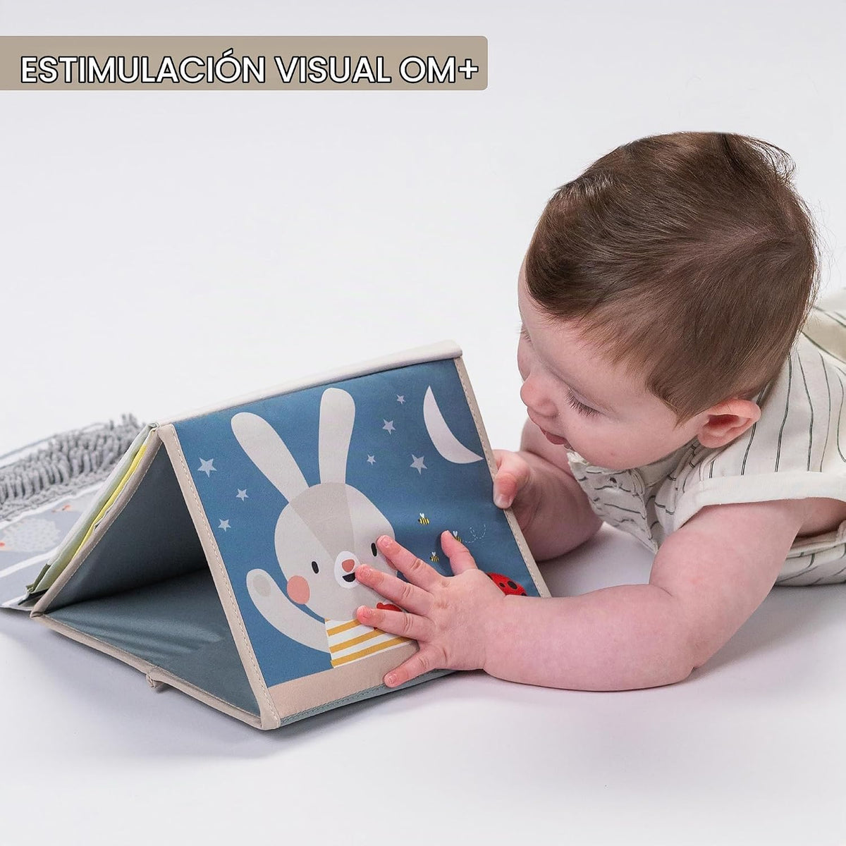 Taf Toys Libro sensorial para el tiempo boca abajo con páginas arru...
