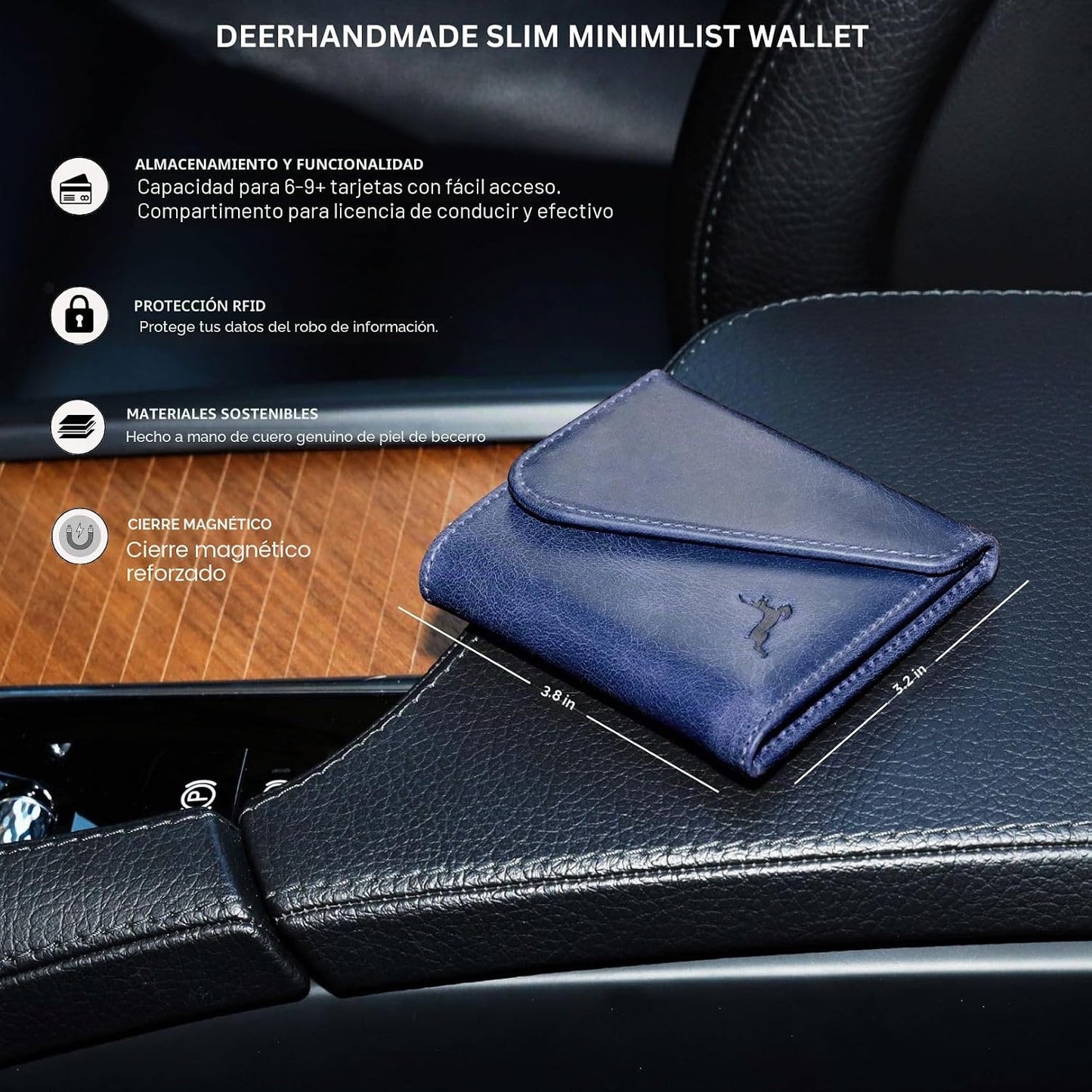 Cartera de cuero de grano completo para hombre, hecha a mano con bl...