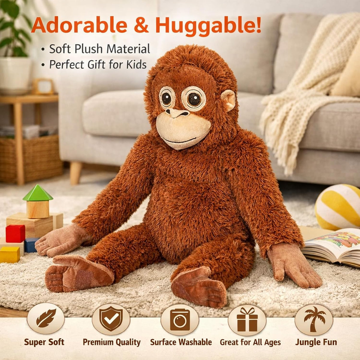 Fluffypals - Juguete de peluche de mono de 24 pulgadas, para colgar...