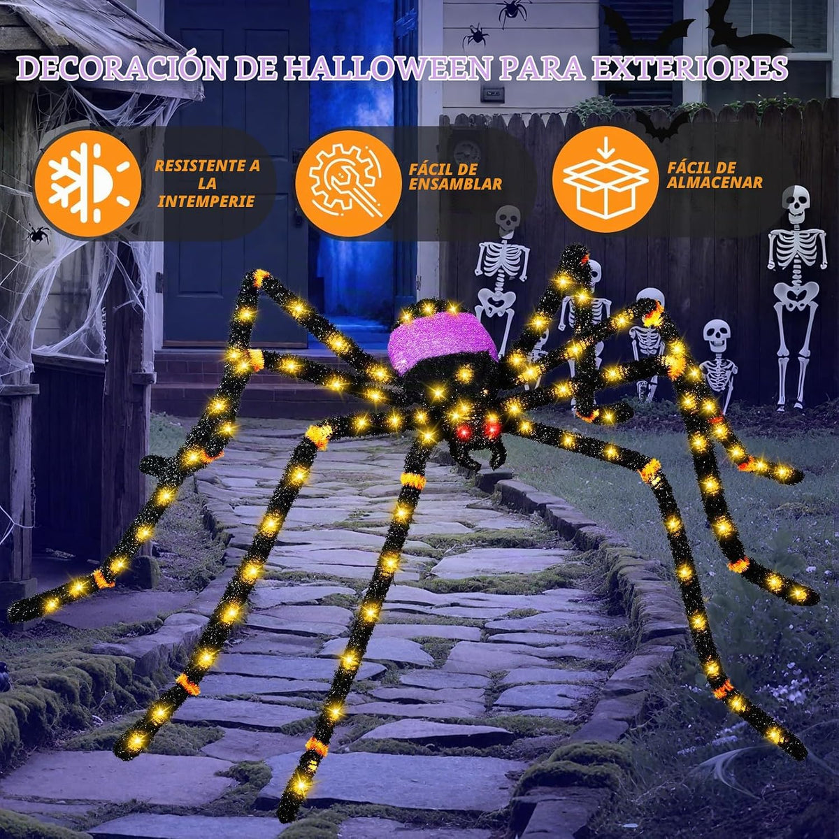 Araña gigante de 5.5 pies para decoración de Halloween con 100 luce...