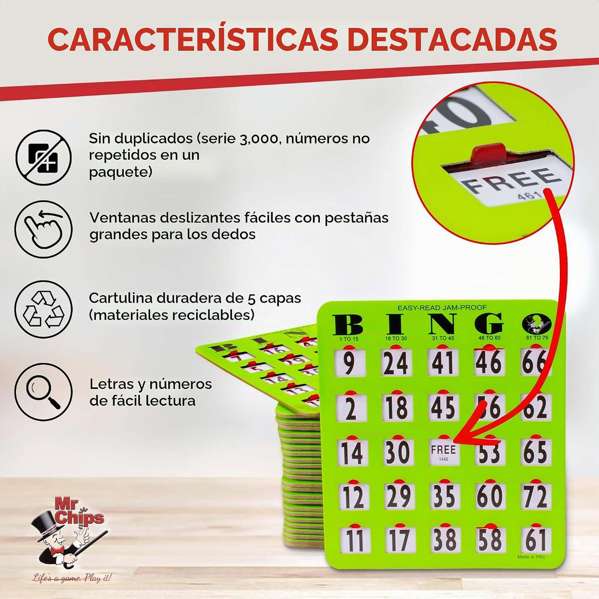 MR CHIPS Juego Completo de Bingo con Tarjetas de Obturador a Prueba...