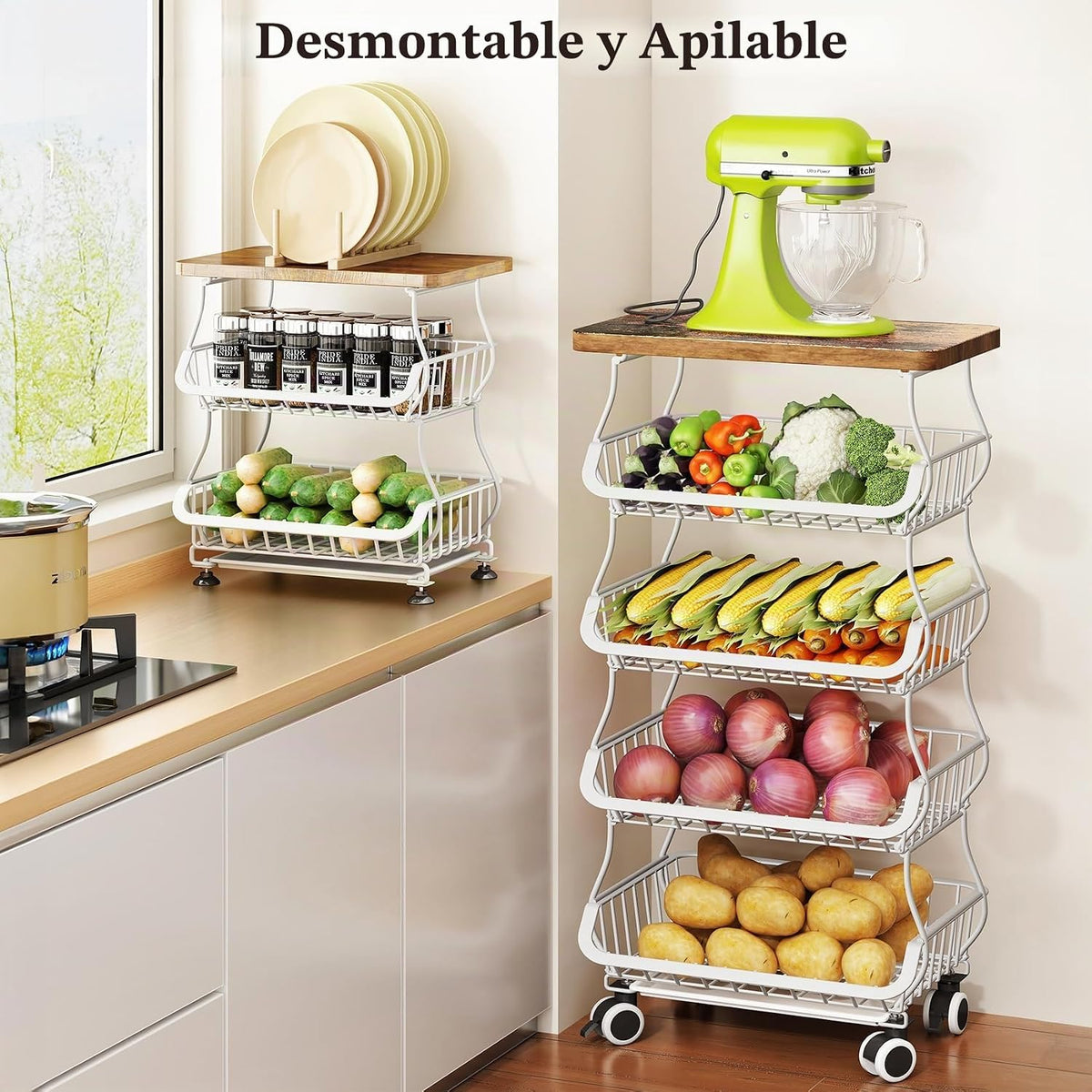 SAYZH Cesta de frutas para cocina con parte superior de madera de 5...
