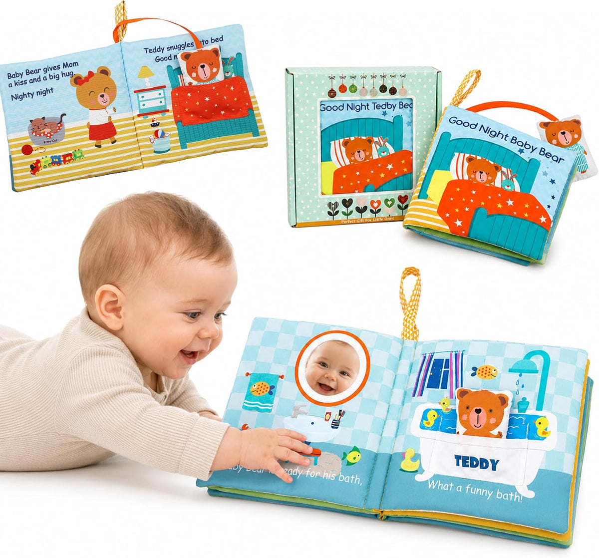 Bebe Mondo Juguete de oso de peluche con espejo, libro suave para b...