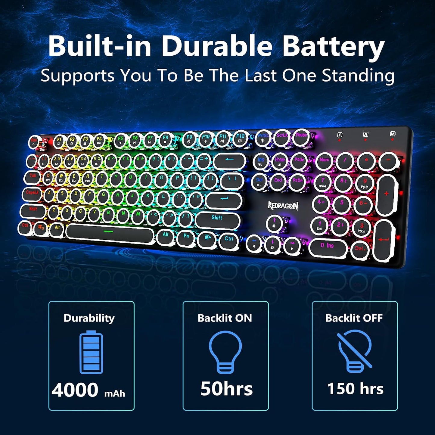 Redragon Teclado de máquina de escribir inalámbrico, teclado mecáni...