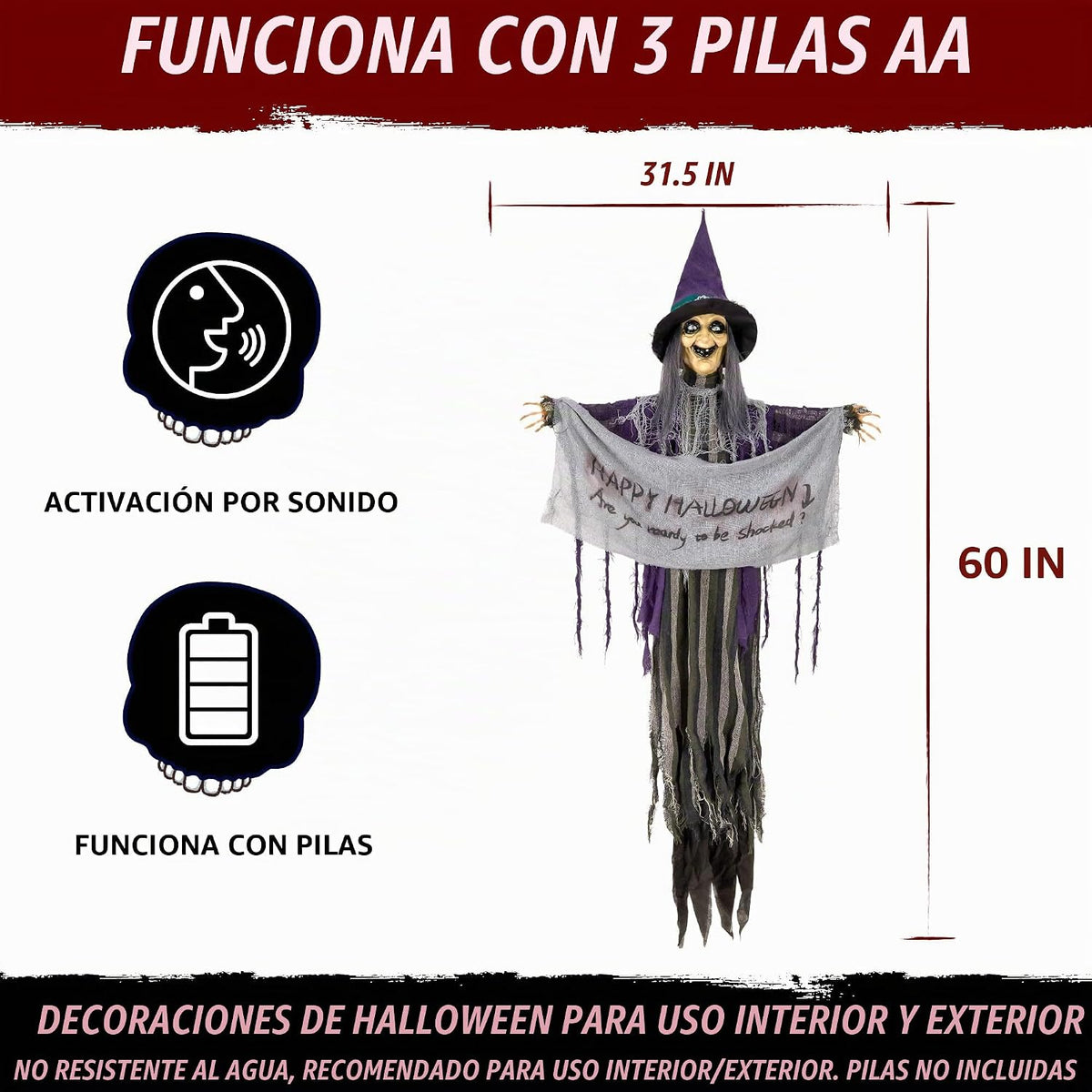Bruja colgante de animatronics de Halloween de 5 pies, decoración d...
