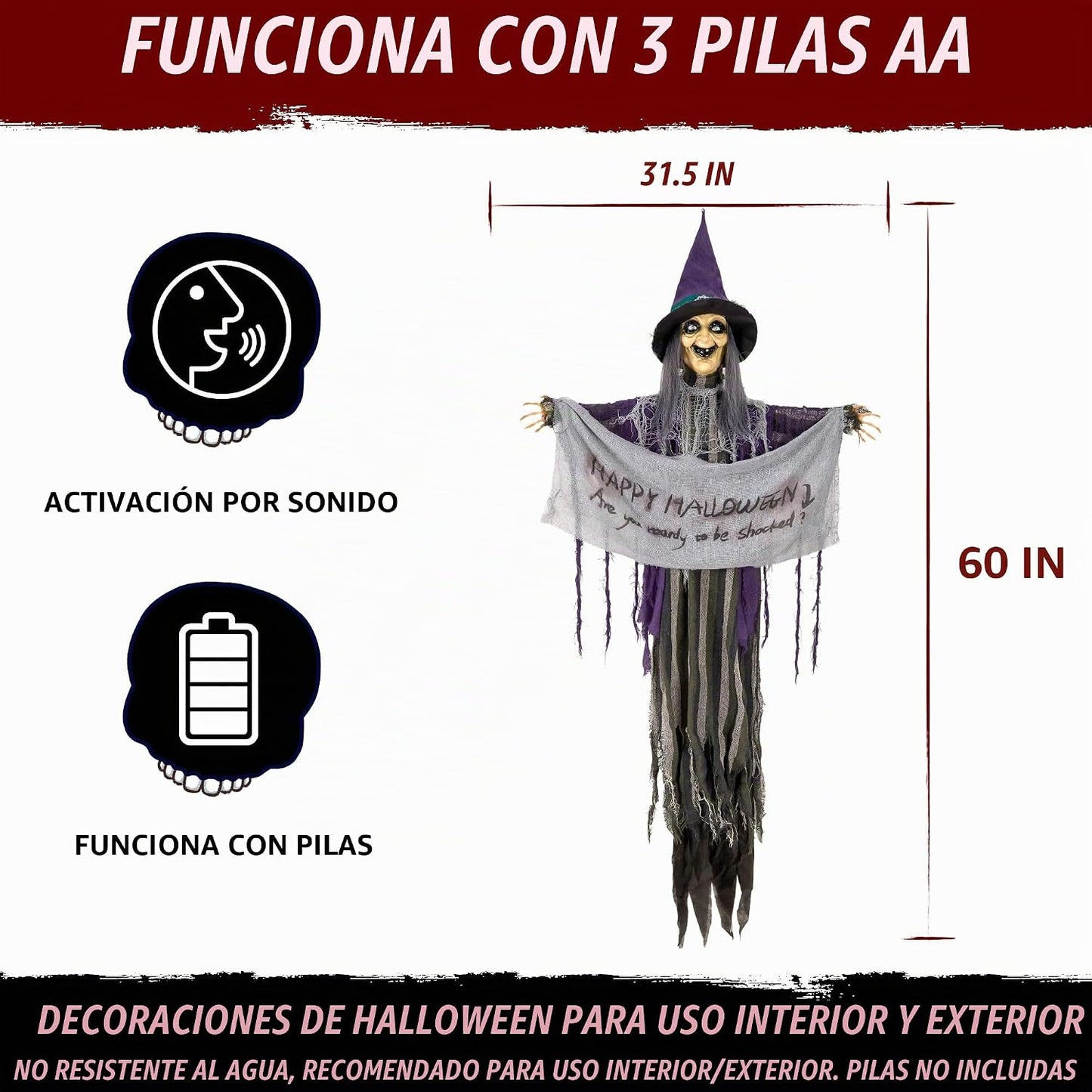 Bruja colgante de animatronics de Halloween de 5 pies, decoración d...