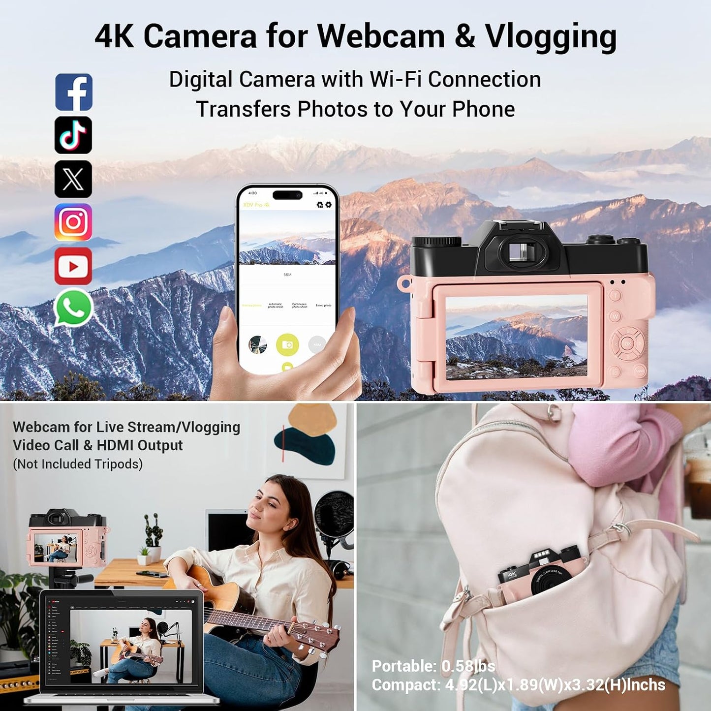 Cámara digital, FHD 4K 75MP WiFi para videoblogging y YouTube con p...