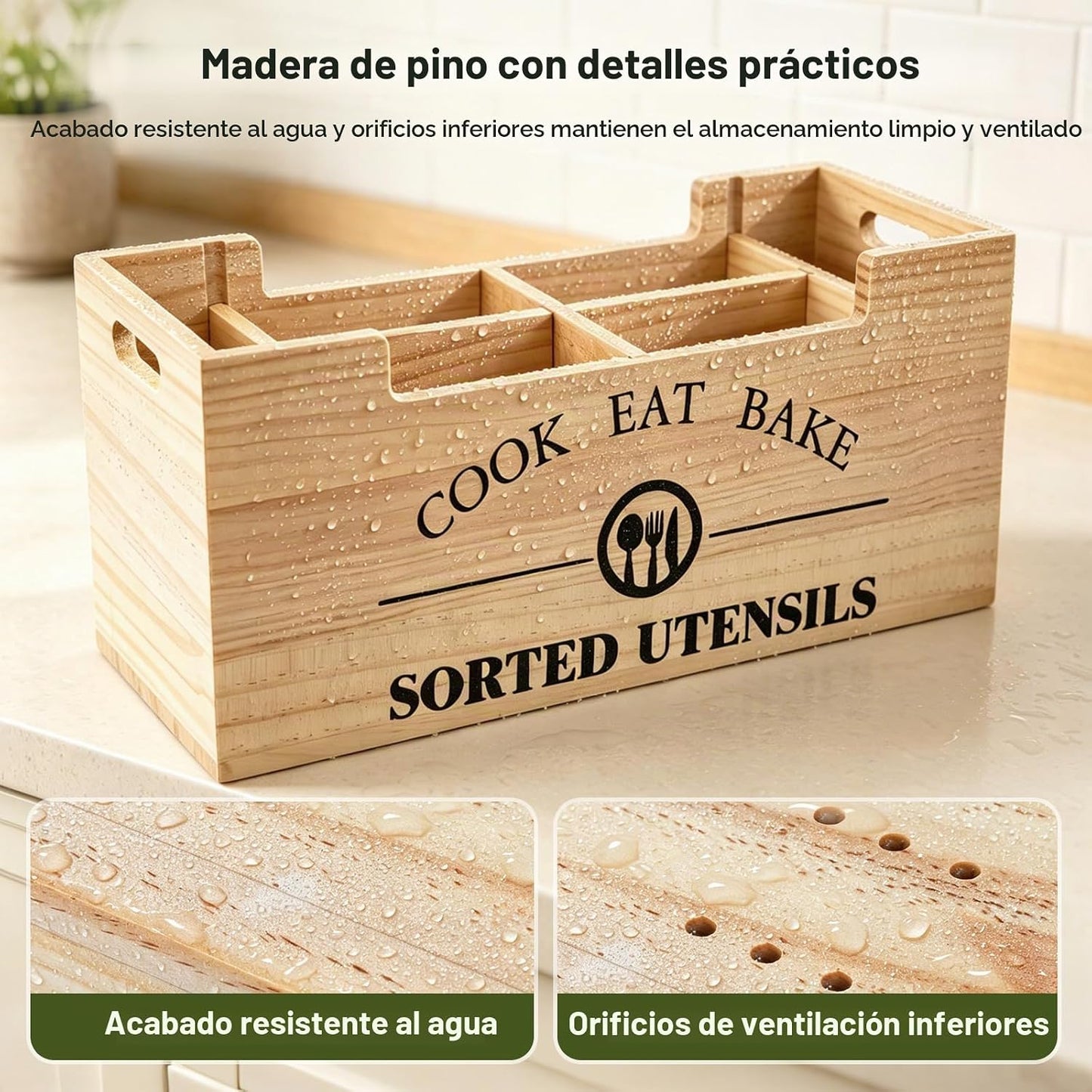 FOXHIVE Soporte extra grande para utensilios, 2 en 1, de madera de...