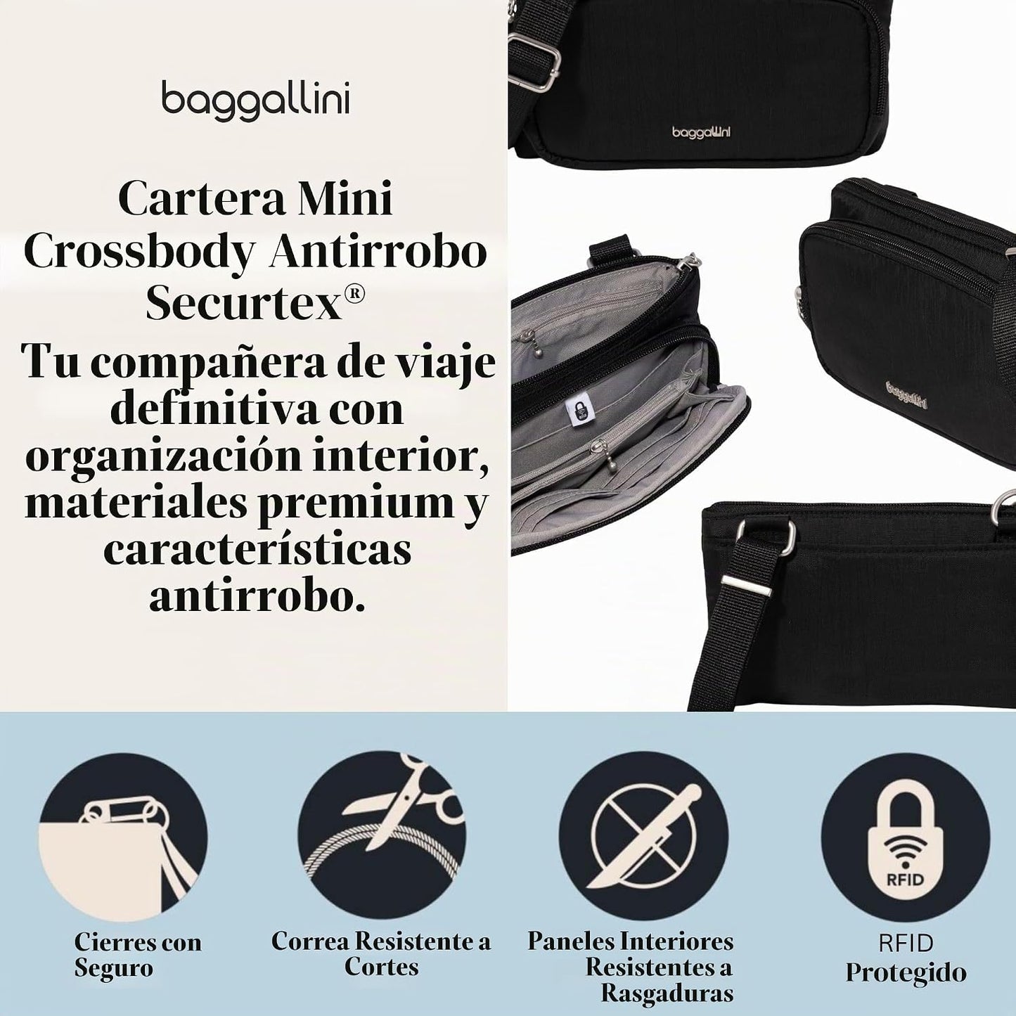Securtex - Mini cartera cruzada antirrobo, ligera, 8.4 x 4.5 pulgad...