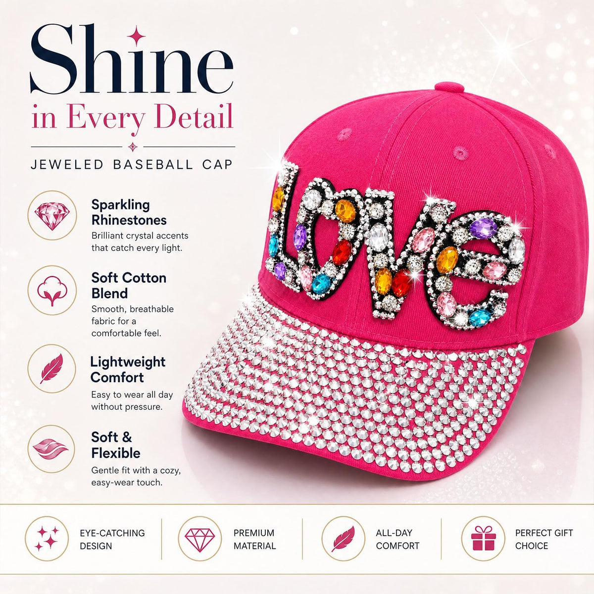 Gorra de béisbol brillante con diamantes de imitación, malla ajusta...
