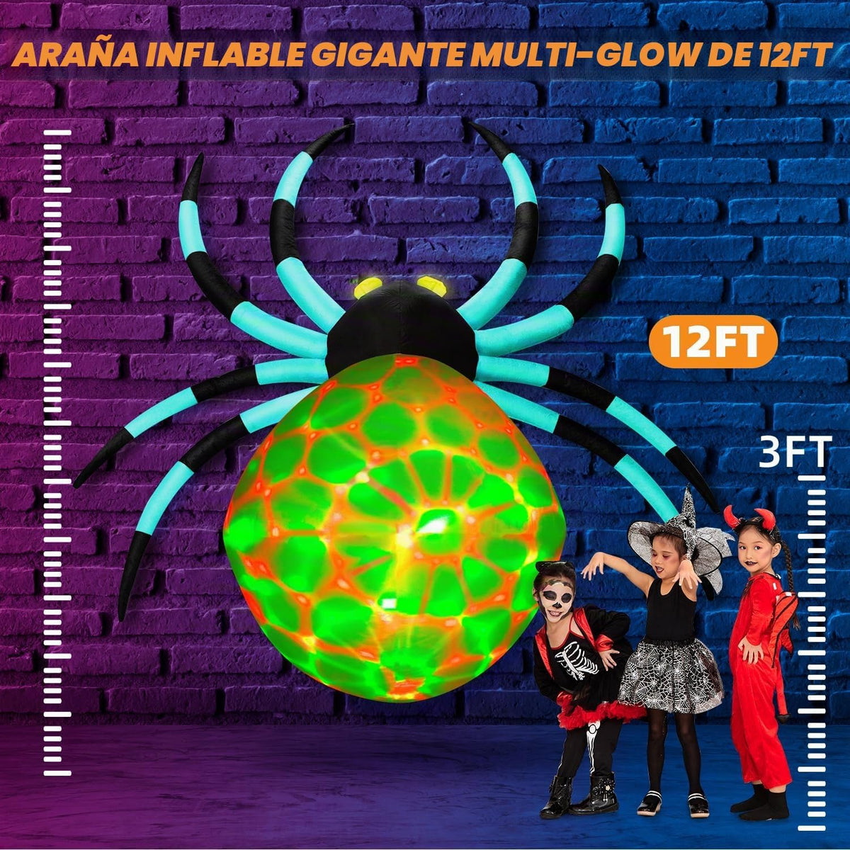Araña gigante inflable de Halloween de 12 pies con 7 ojos que cambi...