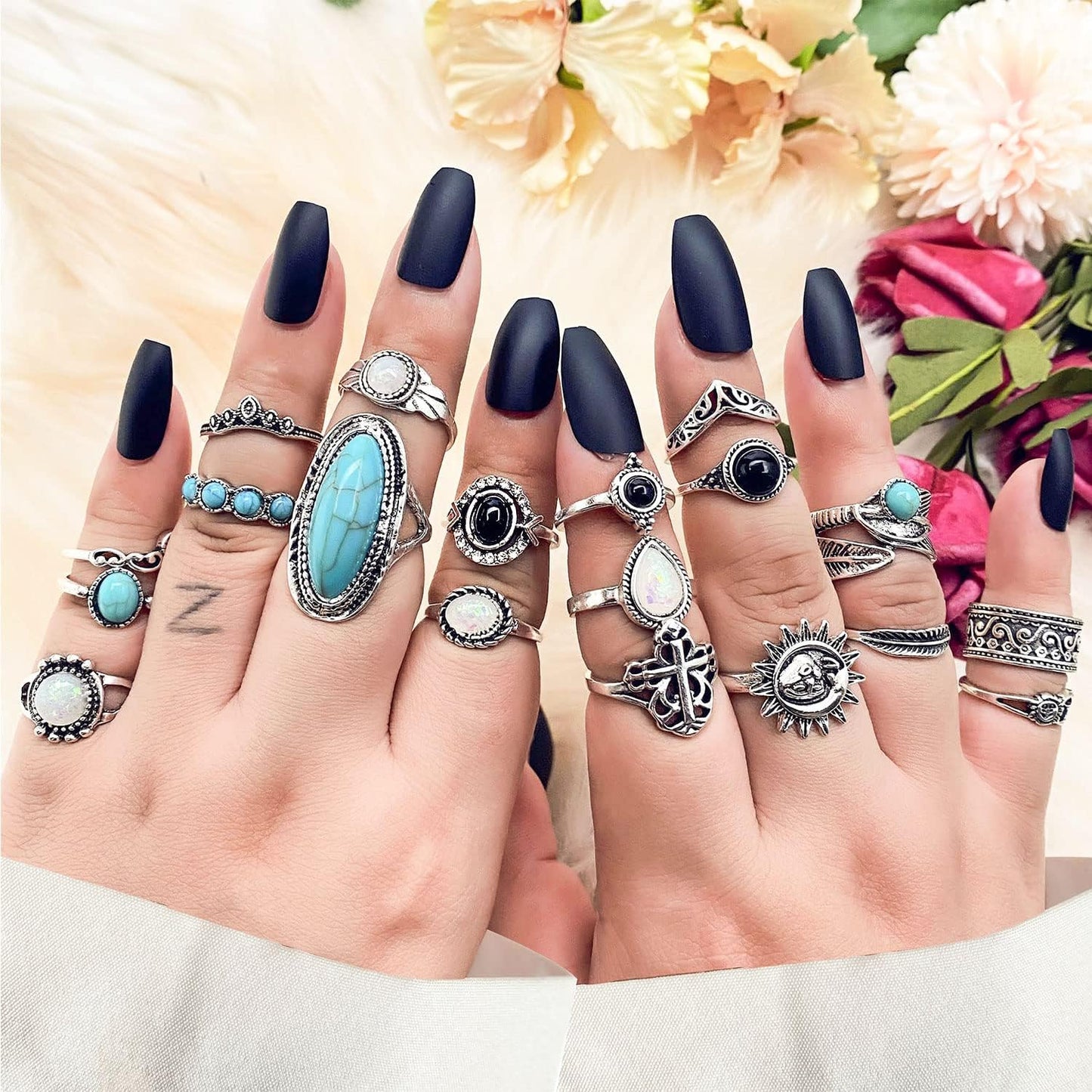 17IF Juego de anillos de nudillos plateados vintage para mujeres y...