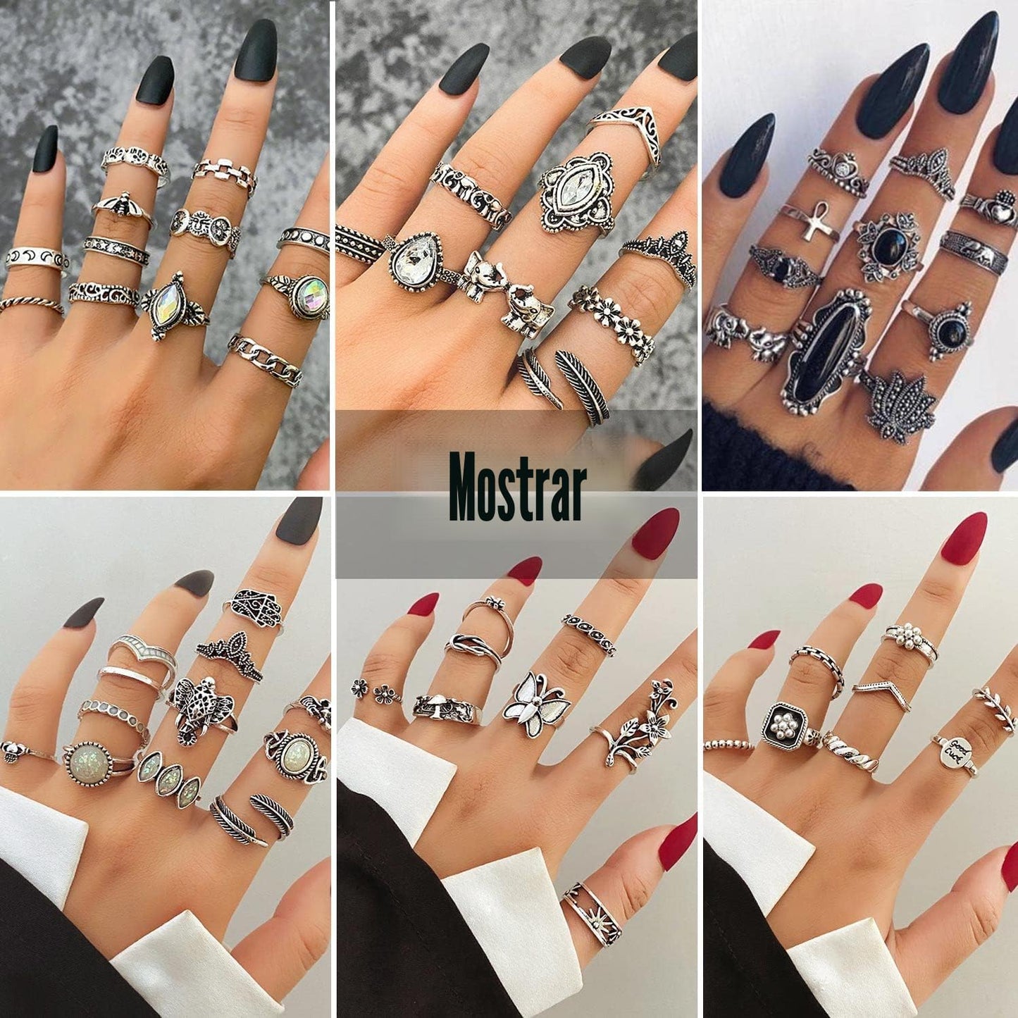 17IF Juego de anillos de nudillos plateados vintage para mujeres y...