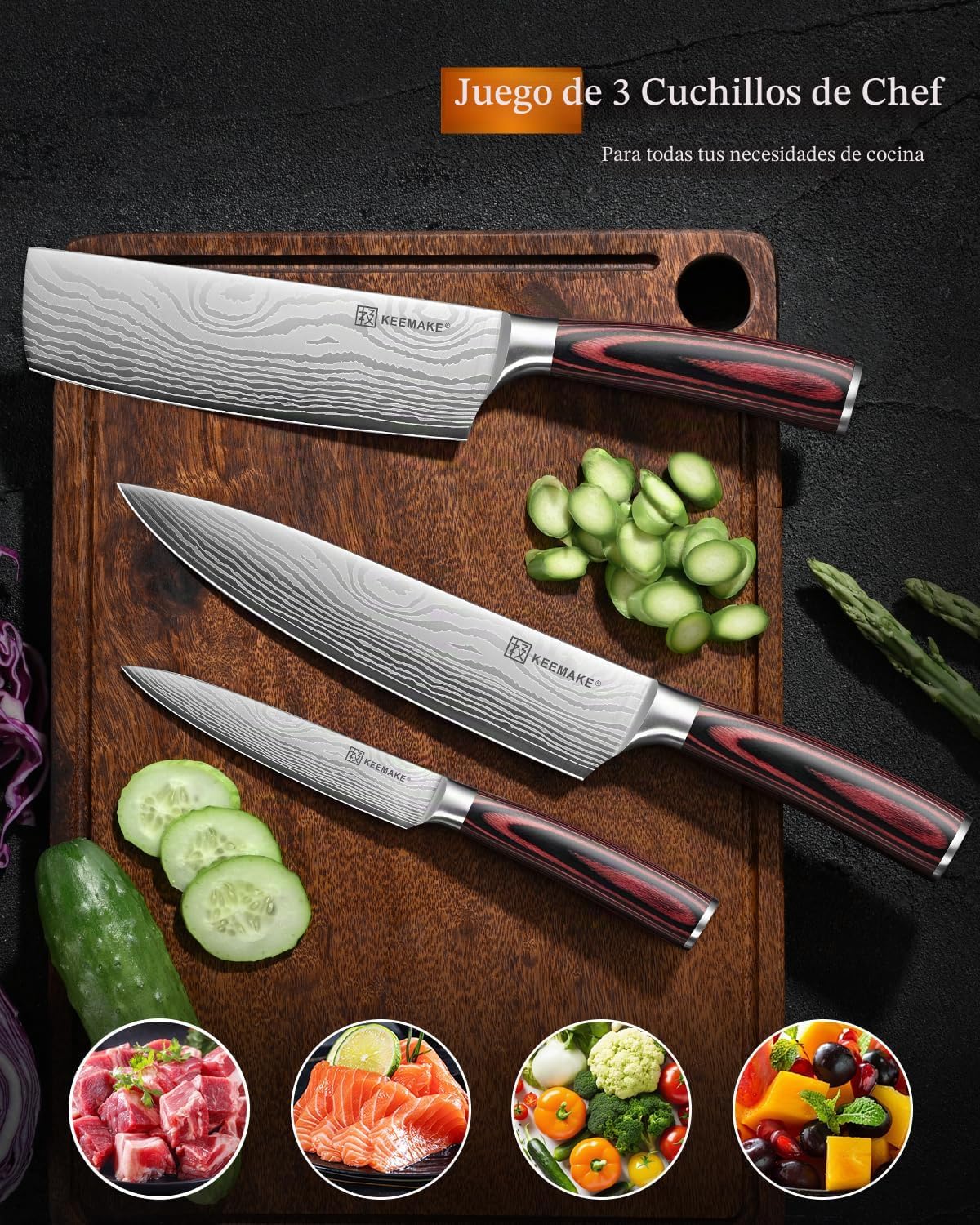 KEEMAKE Juego de cuchillos de cocina, 3 piezas de cuchillos de chef...