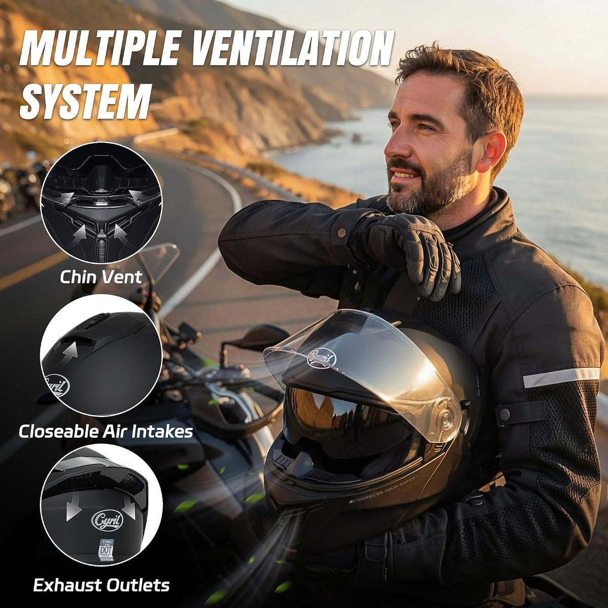 CYRIL Casco modular de motocicleta aprobado por DOT, cara completa...