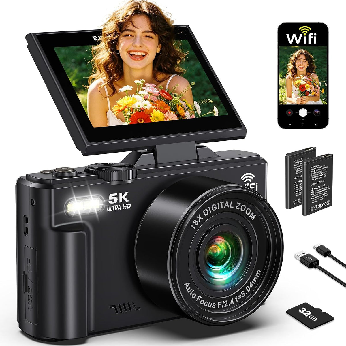 Cámara digital 5K para fotografía - Cámara WiFi de 75MP para YouTub...