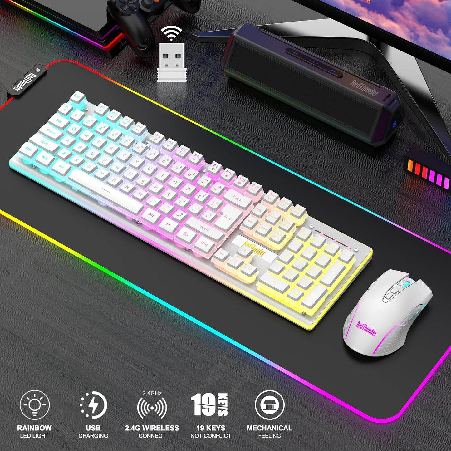 RedThunder K10 - Combo de teclado y mouse inalámbricos para juegos,...