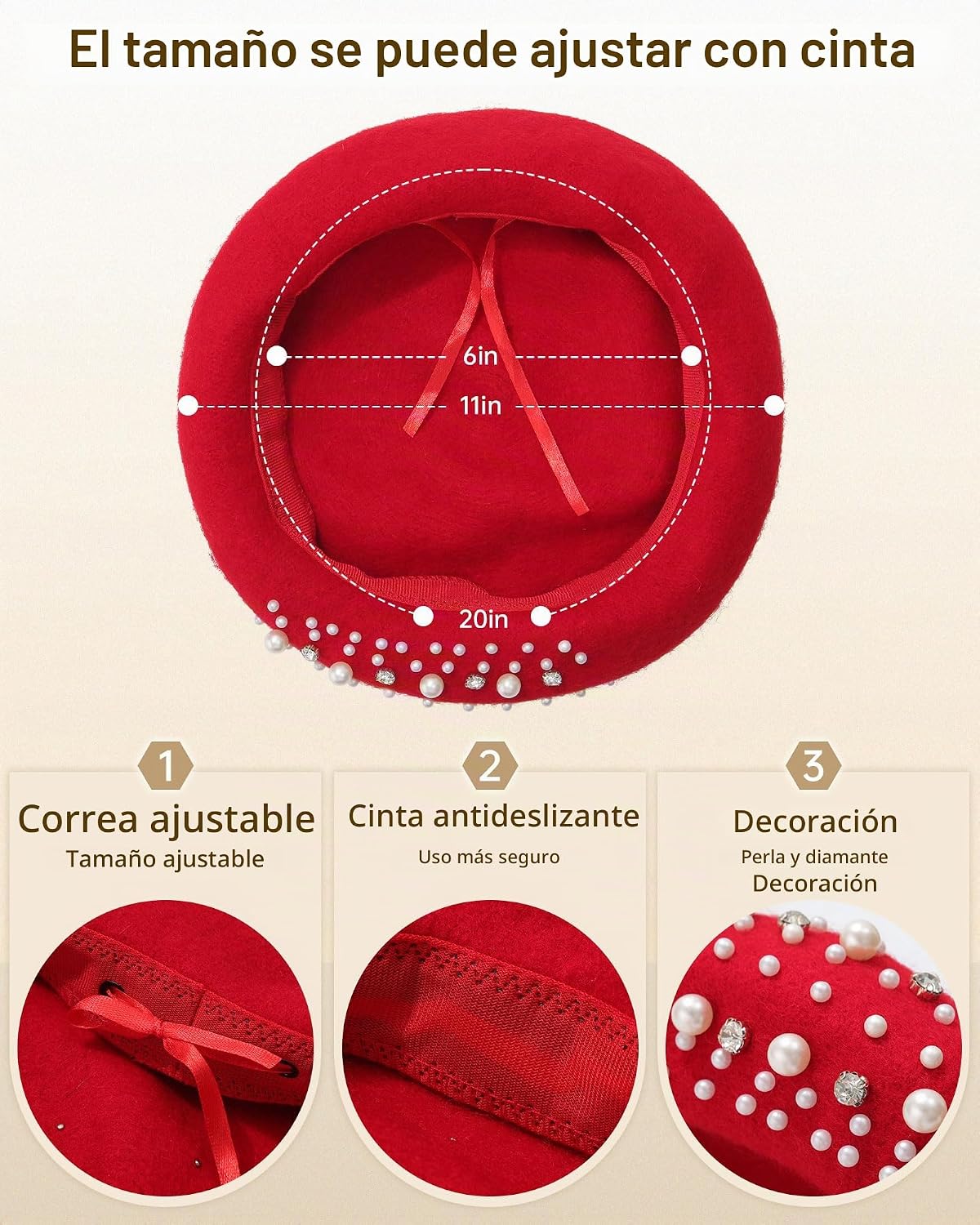 Boina clásica de lana francesa con adornos de perlas y diamantes de...