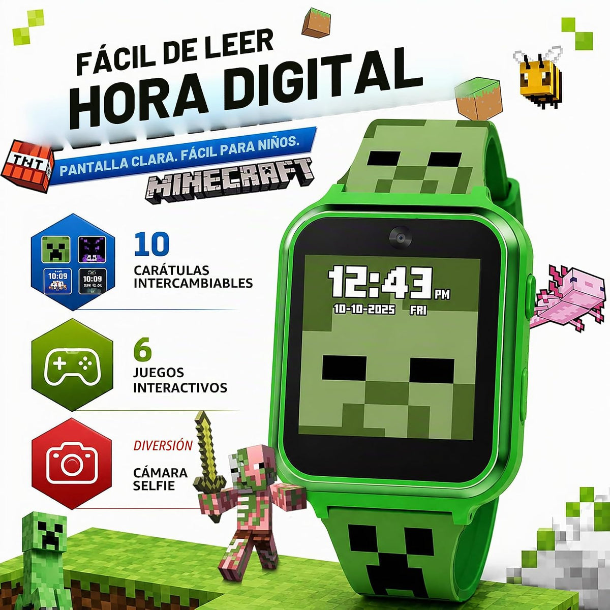 Minecraft - Reloj inteligente para niños, reloj interactivo con pan...