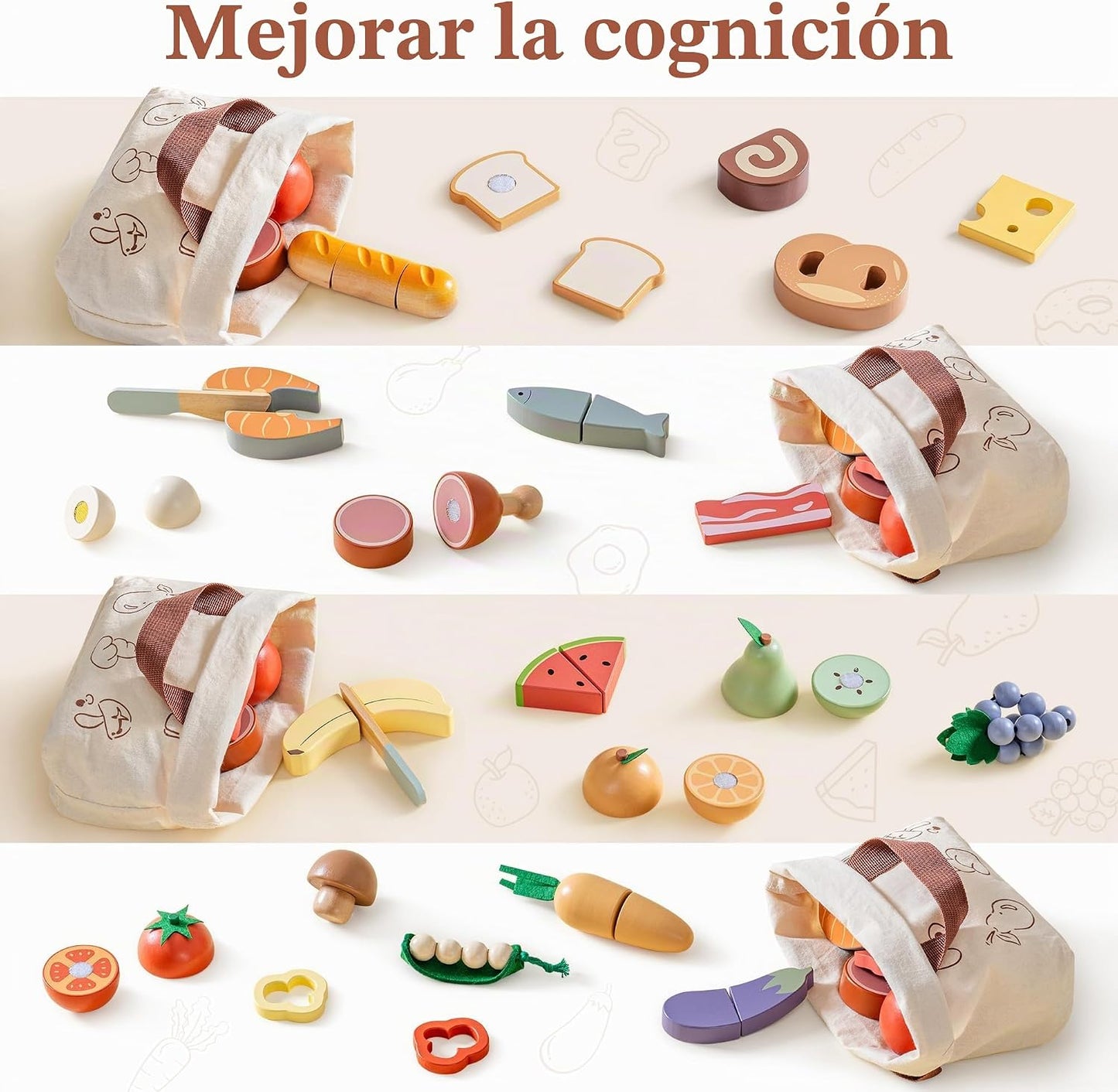 ROBOTIME Juego de comida de madera 4 en 1, juego de juguete de simu...