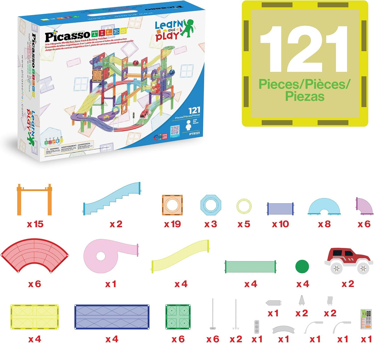 PicassoTiles Juego de 121 azulejos magnéticos de pista de carreras...