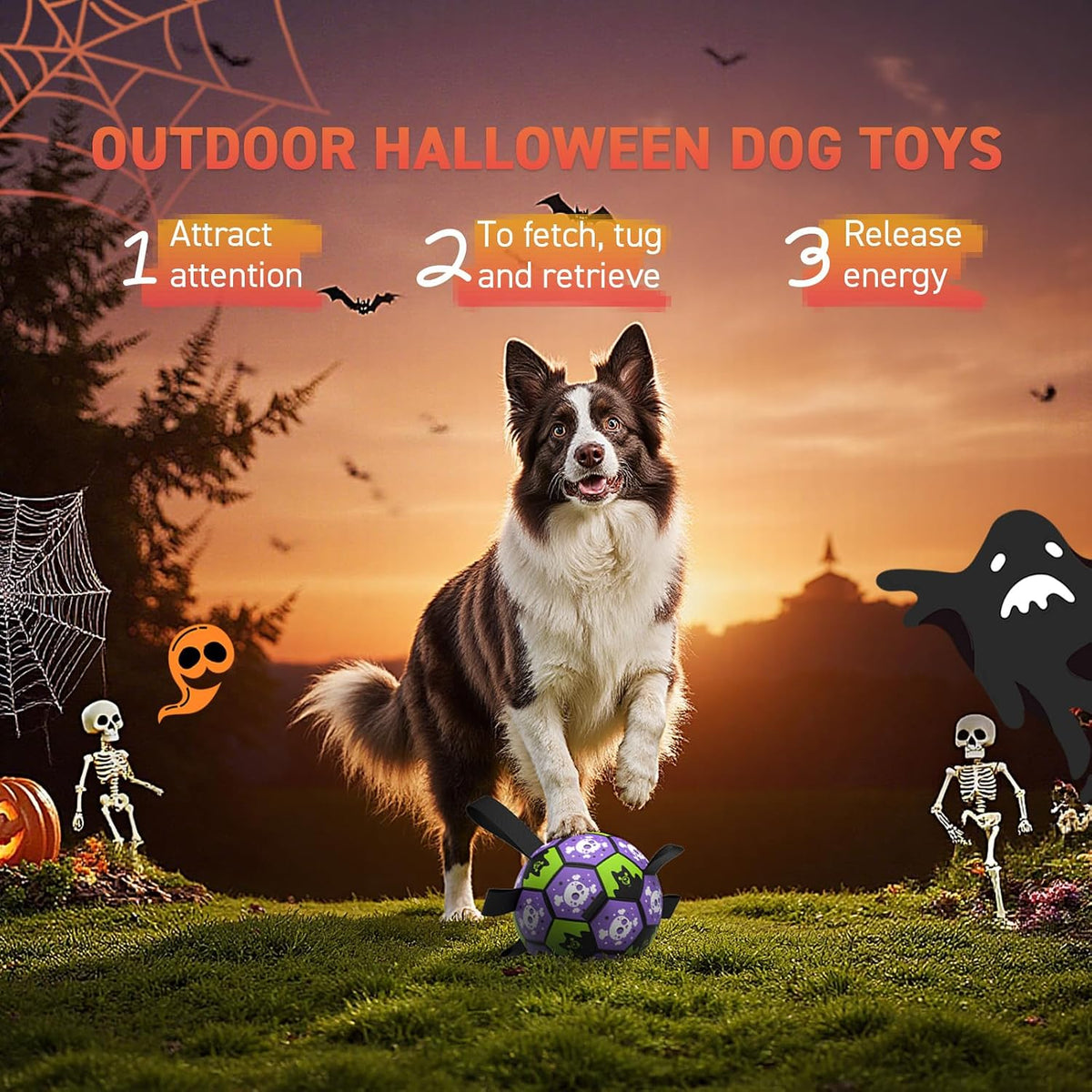 QDAN Juguetes de Halloween para perros, pelota de fútbol con correa...