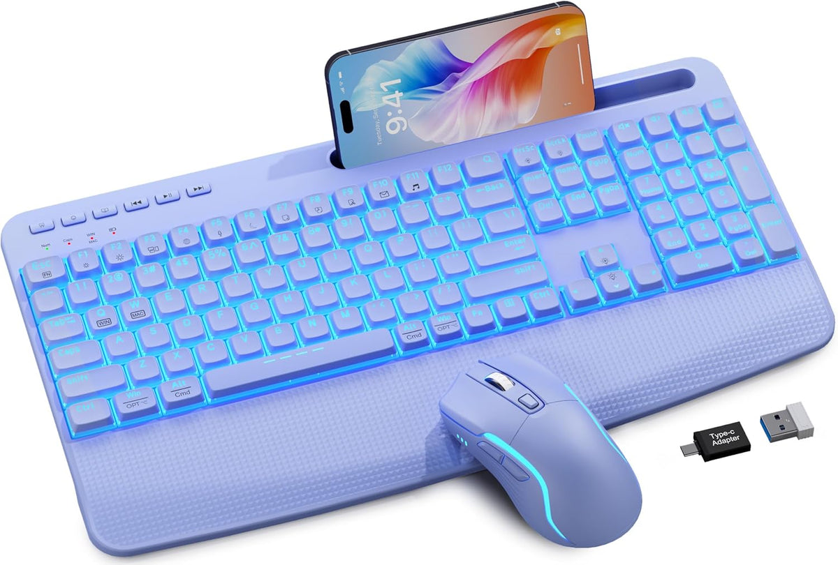 Combo inalámbrico de teclado y ratón morado, conjunto de teclado y...