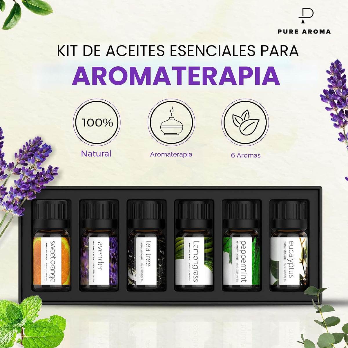 Pure Aroma Juego de aromaterapia de aceites esenciales, 6 aceites d...