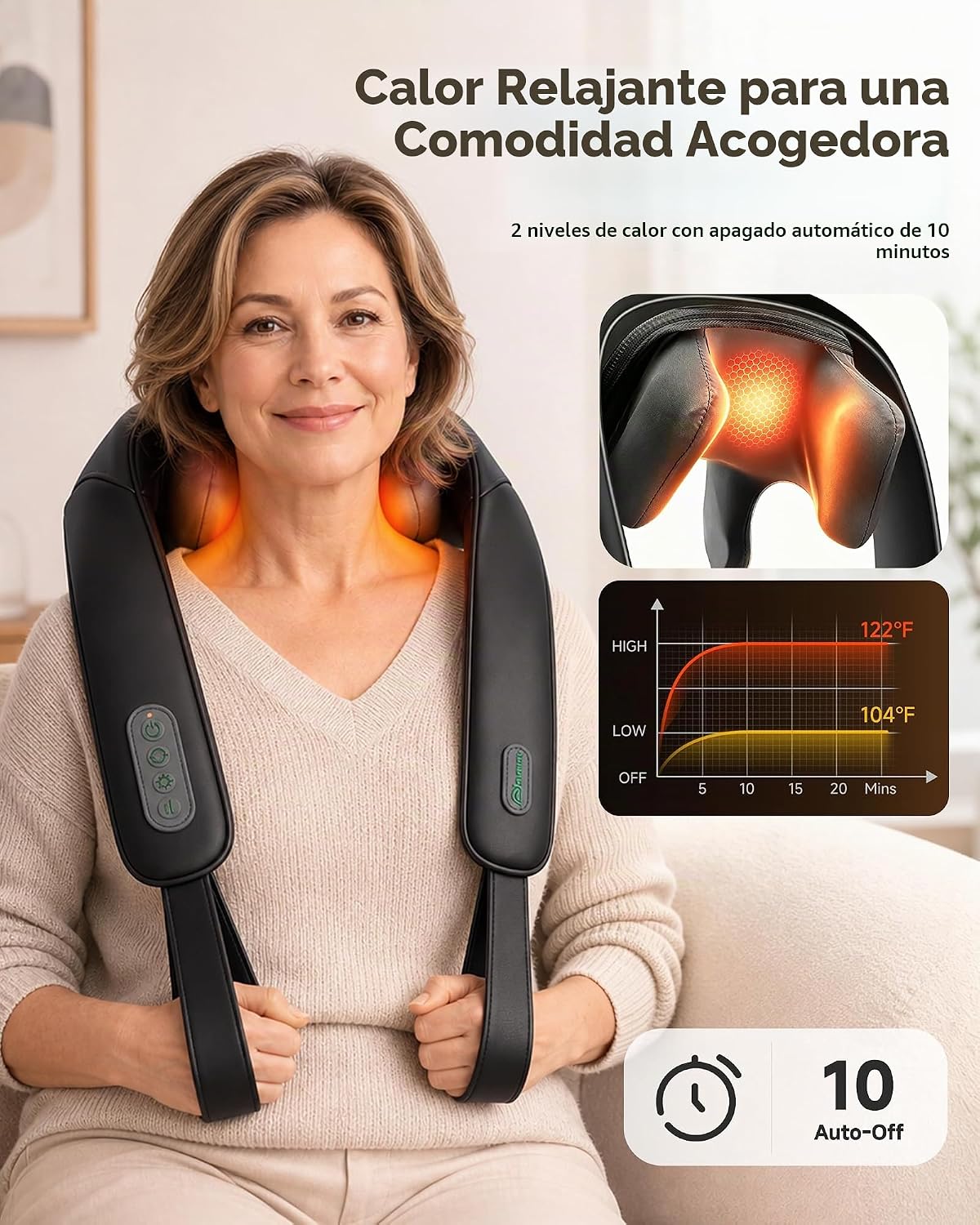 Masajeador de cuello y hombros Shiatsu 4D inalámbrico con calor, vi...