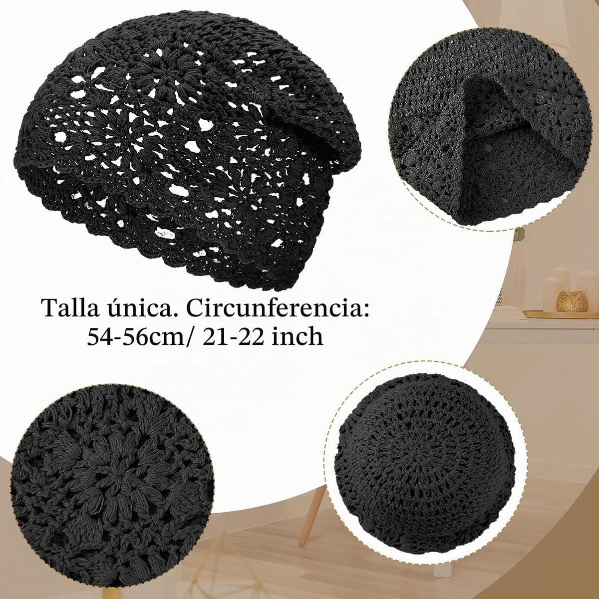 2 piezas de gorro holgado de ganchillo floral hecho a mano con cort...