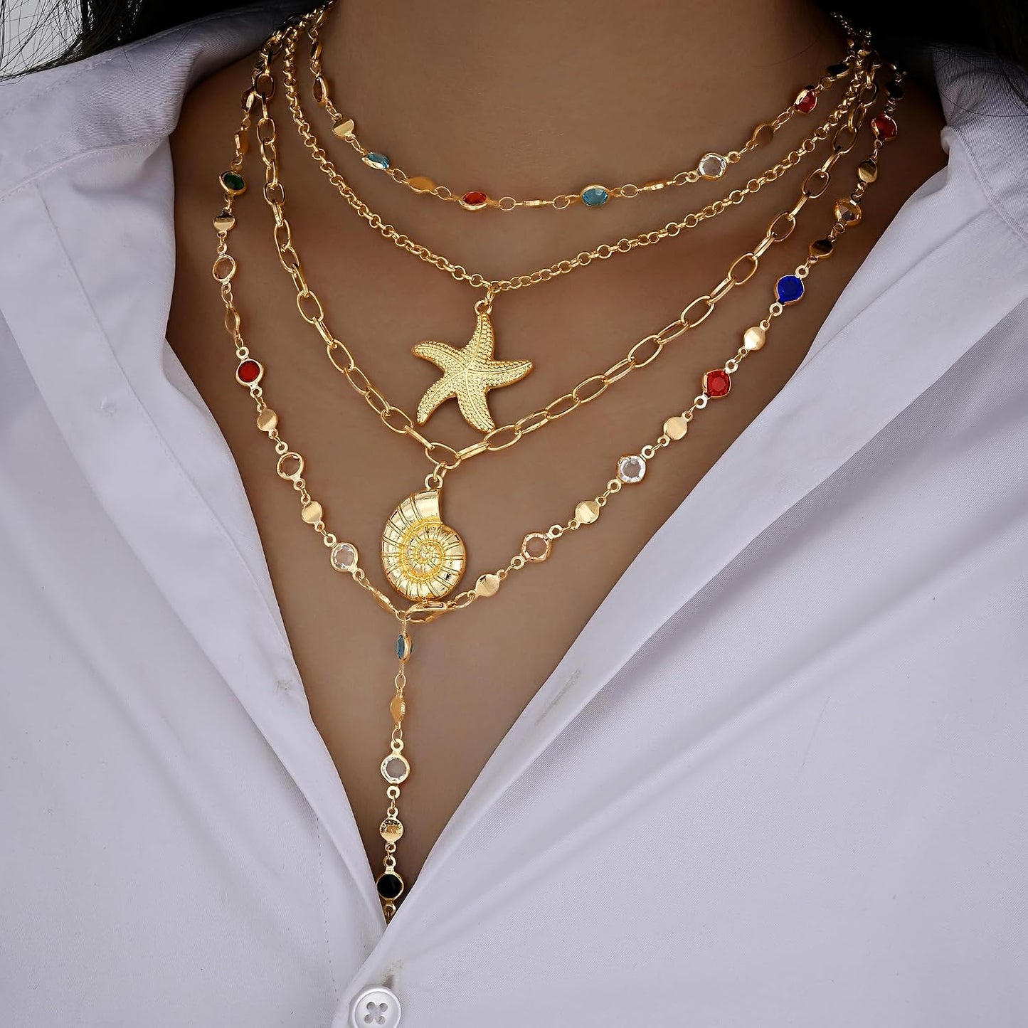 4 piezas de collares de cruz dorados en capas para mujer, modernos,...