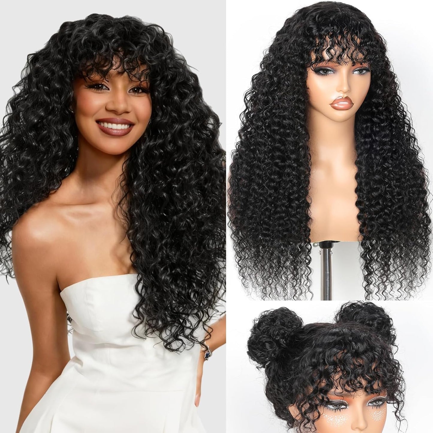 JuneMet Ruiyu Pelucas de cabello humano rizado con flequillo, encaj...