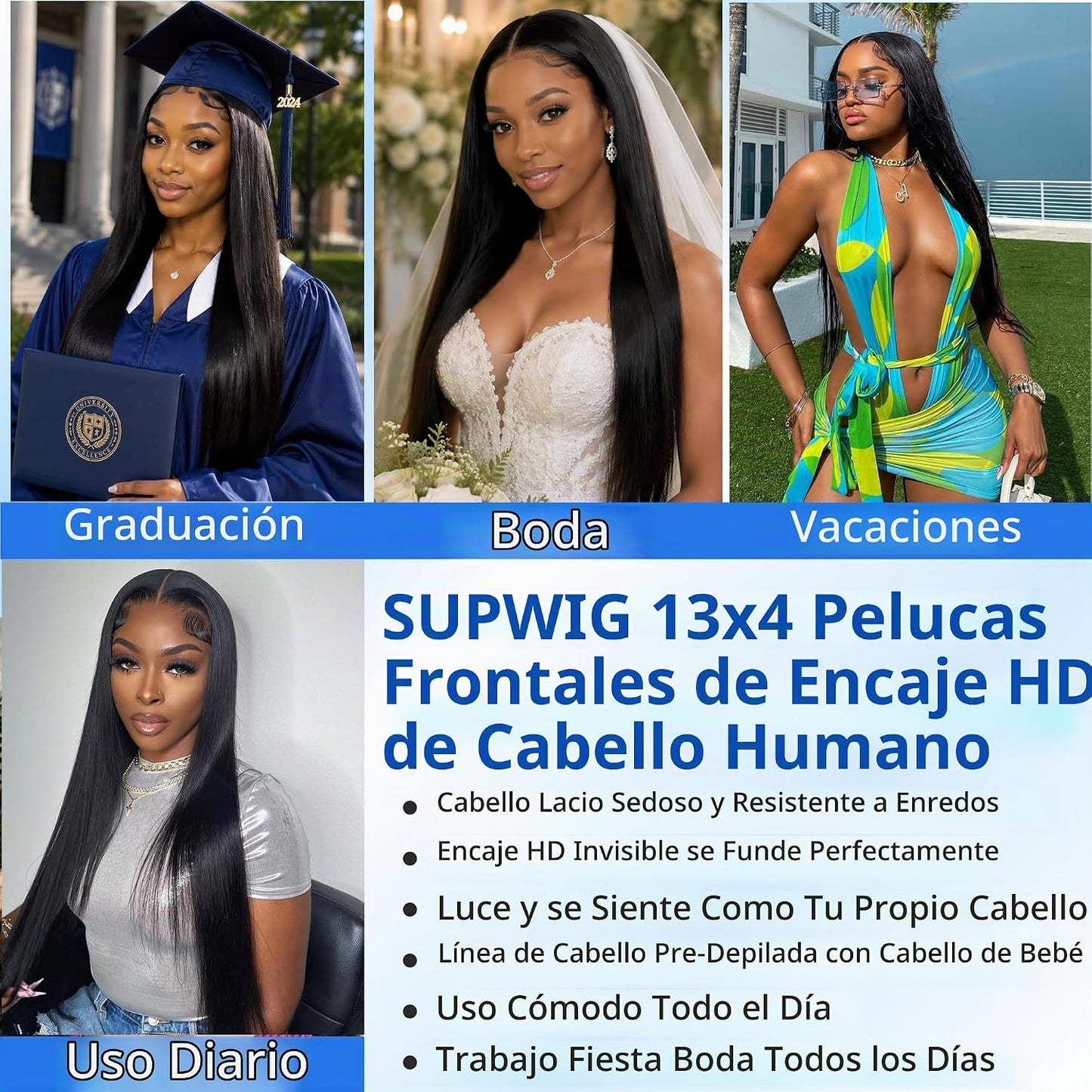 SupWig Peluca de encaje frontal de cabello humano lacio HD con enca...