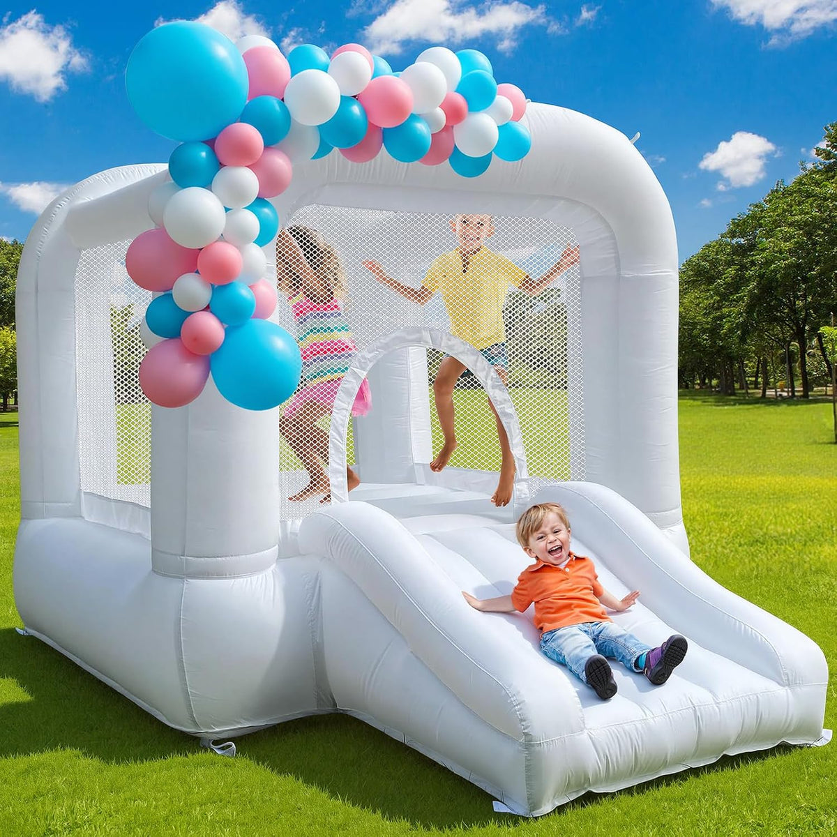 Casa hinchable blanca con tobogán, castillo hinchable para 3-6 niño...