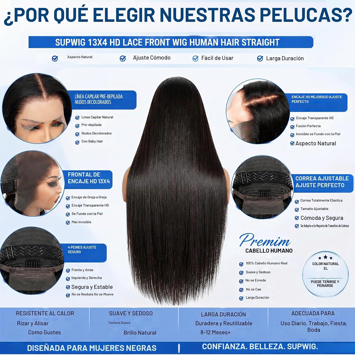 SupWig Peluca de cabello humano lacio con encaje frontal de 13 x 4...