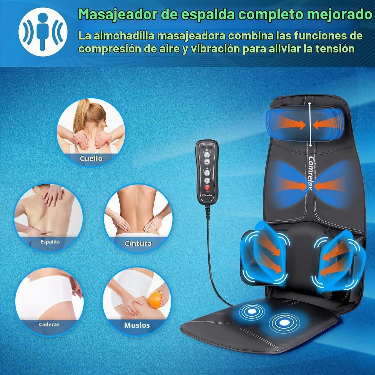 comrelax Cojín de masaje de espalda con compresa, asiento de vibrac...