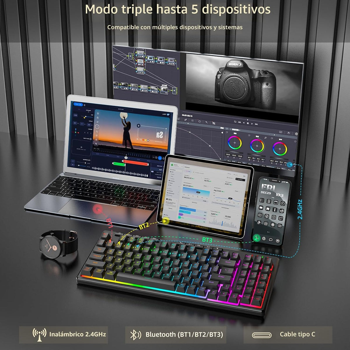 Redragon K517 Pro teclado inalámbrico para juegos, retroiluminación...