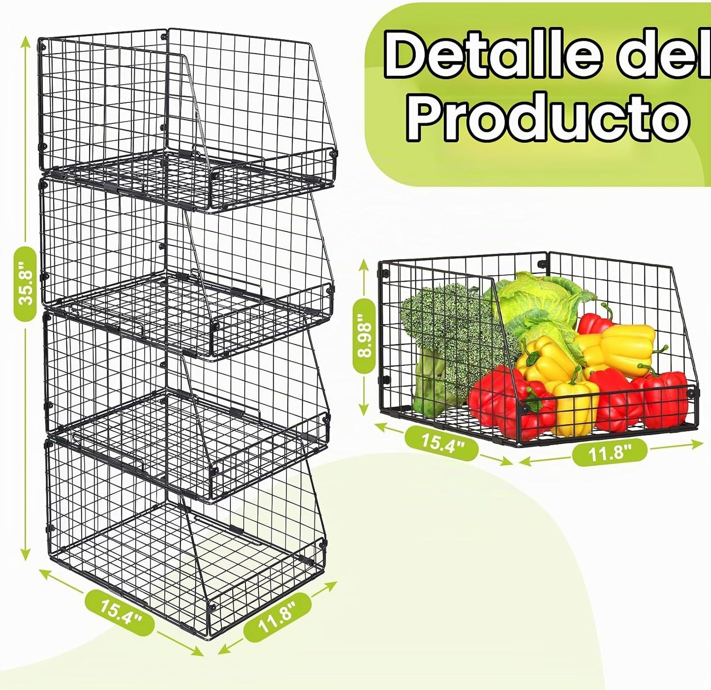 Paquete de 4 cestas de almacenamiento de alambre apilables XXL, org...