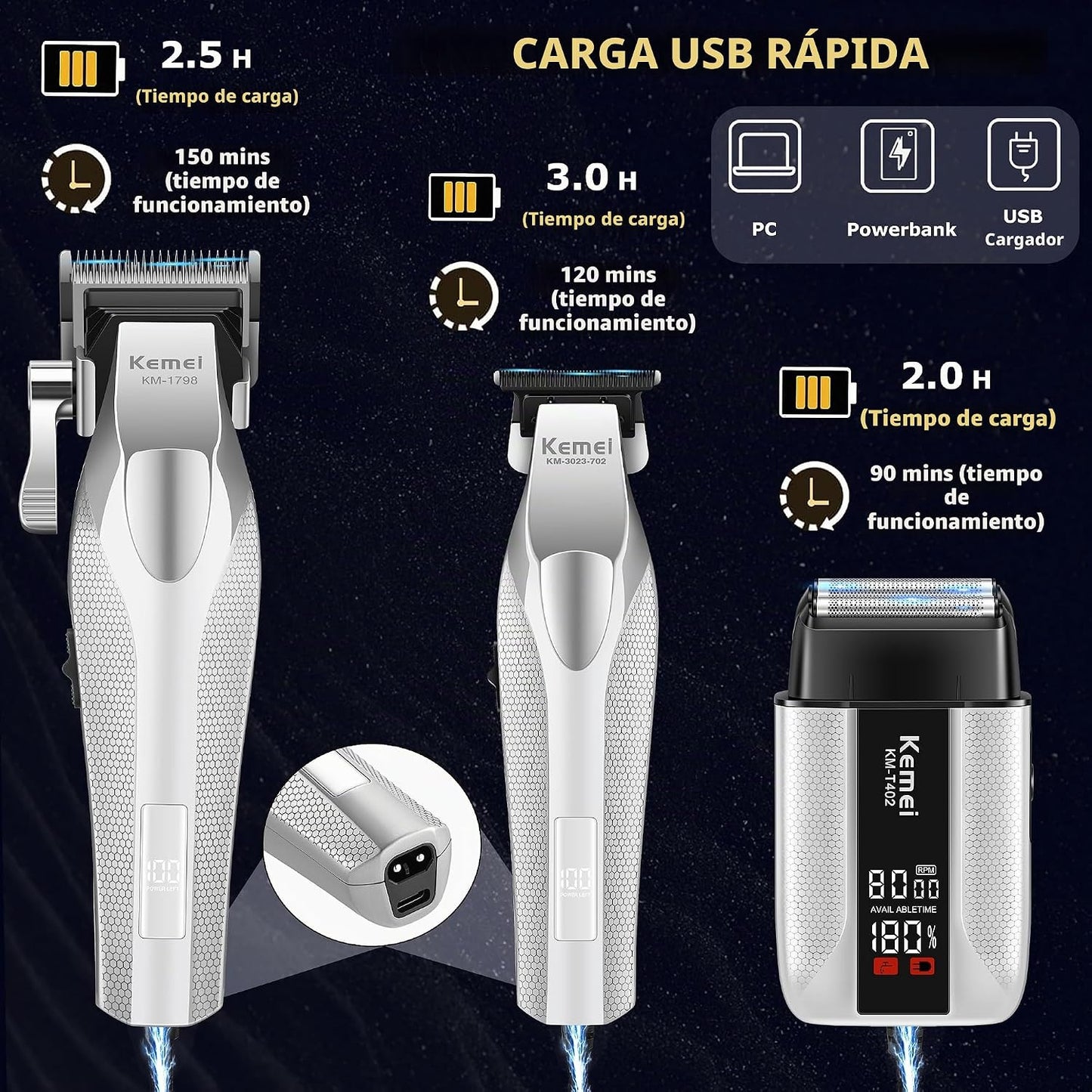 KEMEI Cortapelos para hombres, juego de cortapelos sin cuerda con c...