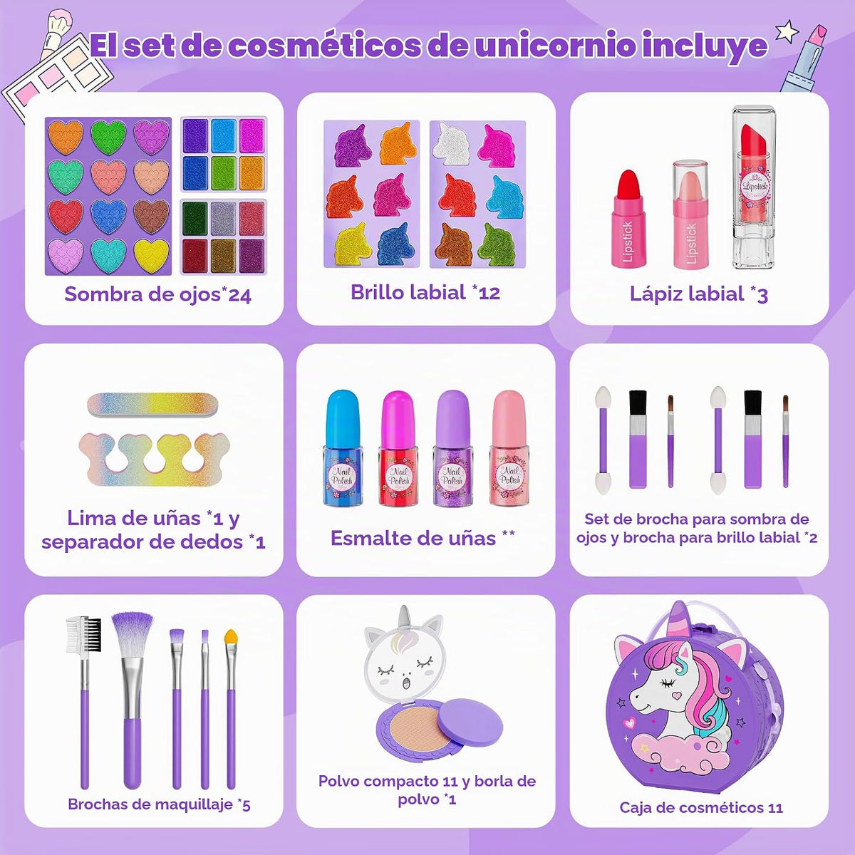 Kit de maquillaje de 59 piezas para niña, estuche de maquillaje lav...