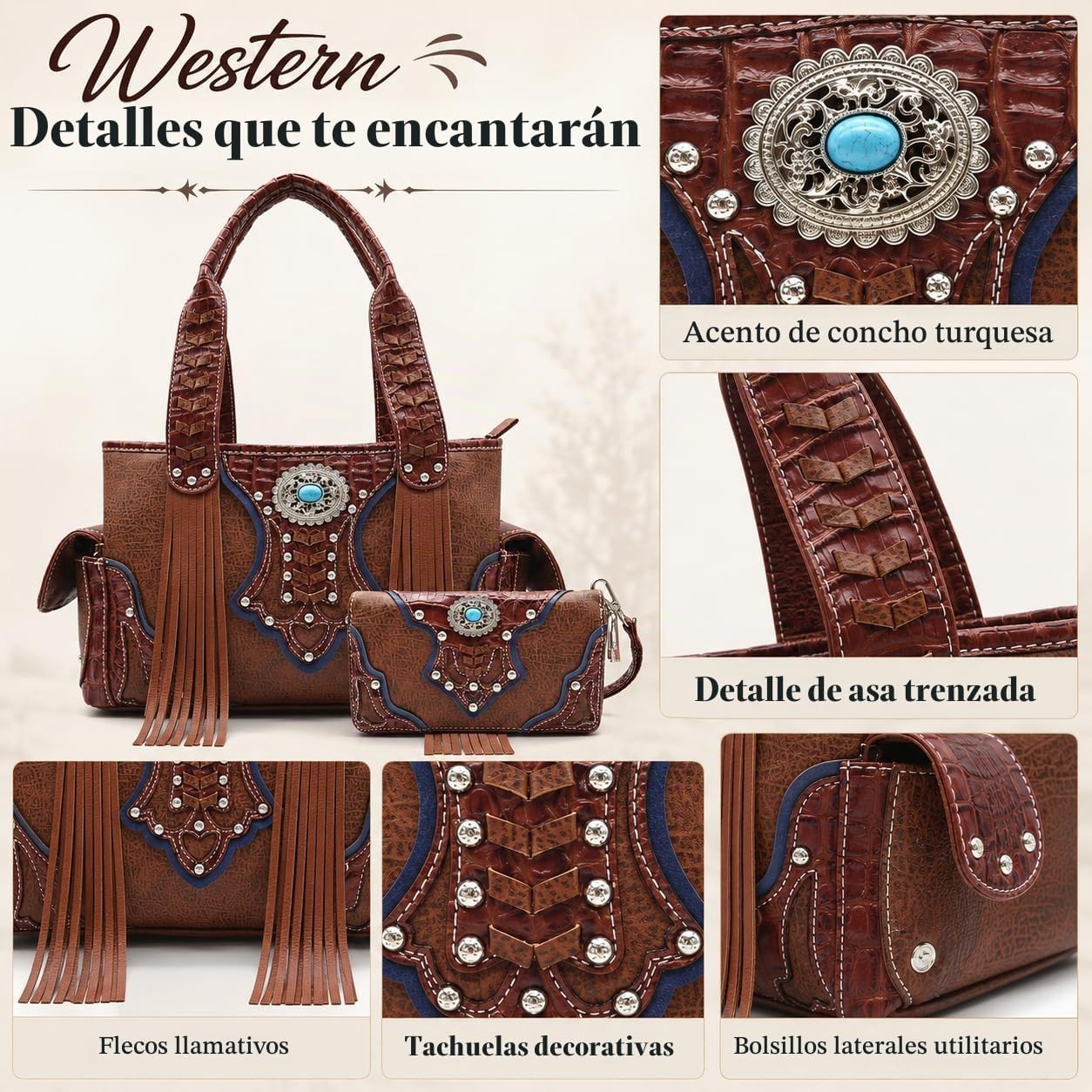 Estilo occidental vaquera tejida con flecos de cocodrilo magnífico...